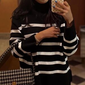 Zara Black and White Striped Turtleneck Sweater